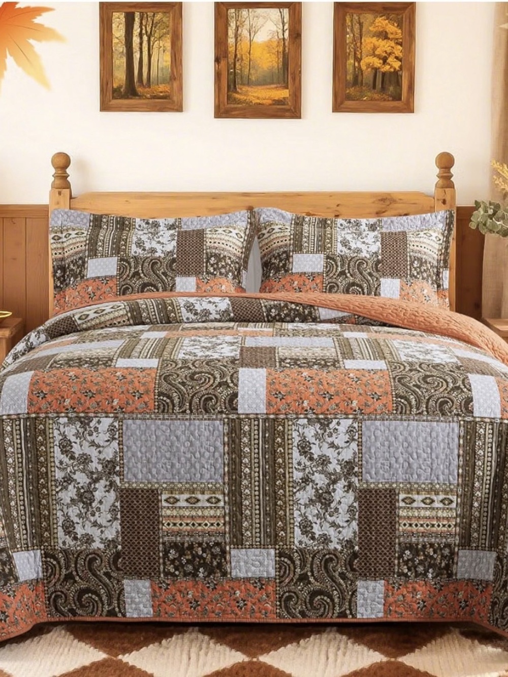 100% Cotton Cover Quilts Queen Size for Fall, Autumn Bedspread Set 3 pc.